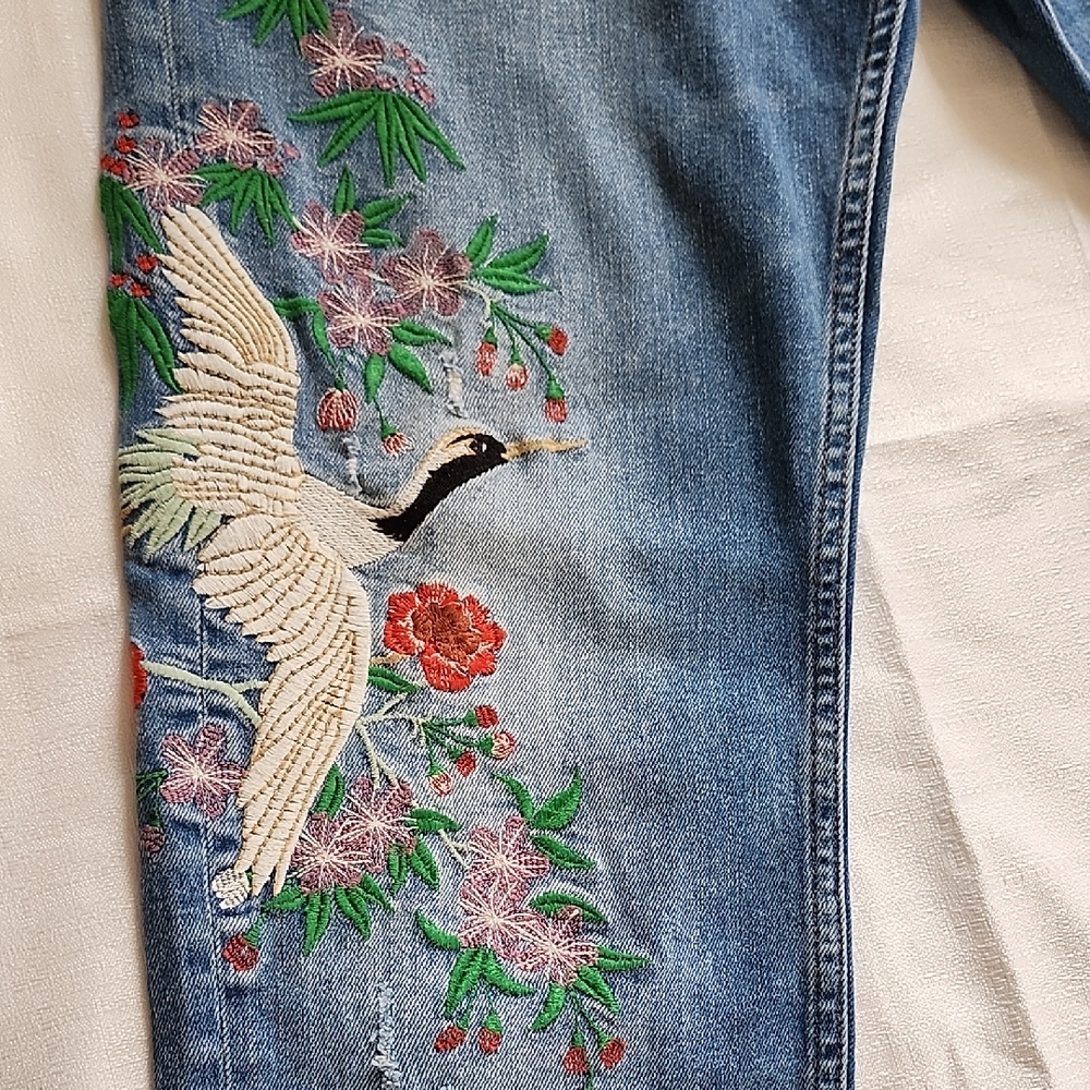 Zara Blue Jeans with Embroidered Floral and Bird Design